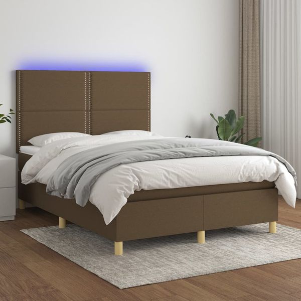 vidaXL Posteľ boxsping s matracom a LED tmavohnedá 140x200 cm látka