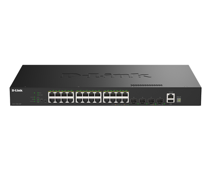 D-Link DGS-1530-28P/E 24 Portov GE PoE(30W) + 4 Porty 10G SFP+ Smart Managed Switch, 370W