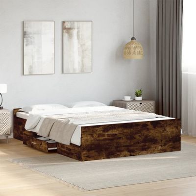 vidaXL Posteľný rám so zásuvkami dymový dub 135x190cm kompozitné drevo