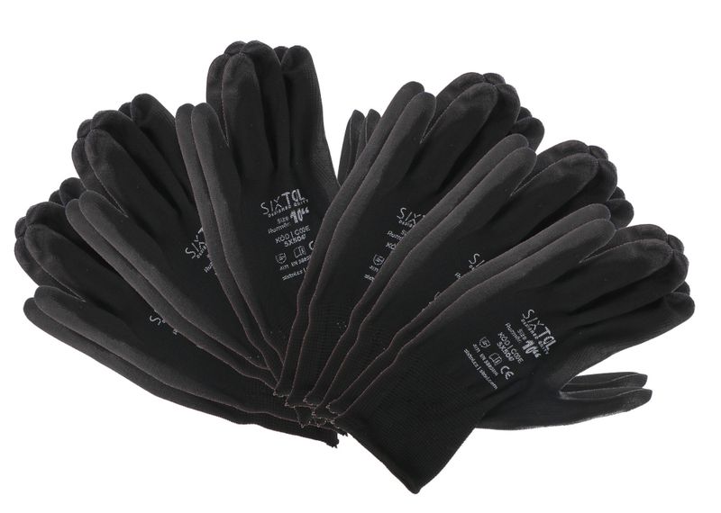 Rukavice pracovní z polyesteru polomáčené v PU GLOVE PE-PU 10, černé, vel 10", 6 párů SIXTOL