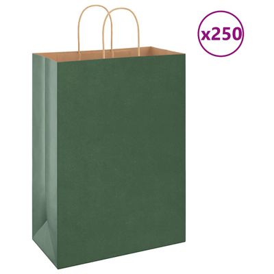 vidaXL Papierové tašky 250 ks s rúčkami, zelené, 32x17x44 cm