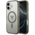 Puzdro Guess Magsafe IML Gradient s potlačou trojuholníkového loga a striebornými kovovými tlačidlami fotoaparátu pre iPhone 17 Khaki