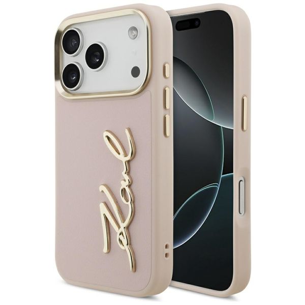 Puzdro Karl Lagerfeld PU koža s logom Karl script a kovovými tlačidlami fotoaparátu pre iPhone 17 Pro ružové