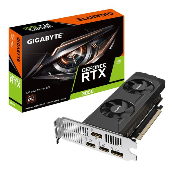 GIGABYTE GeForce RTX 3050 Low Profile/OC/6GB/GDDR6 Grafická karta, GeForce RTX 3050, 6GB GDDR6, 2304 CUDA jader, low profile, 181mm, 2× HDMI 2.1, 2× DisplayPort 1.4a, pasivní chlaz