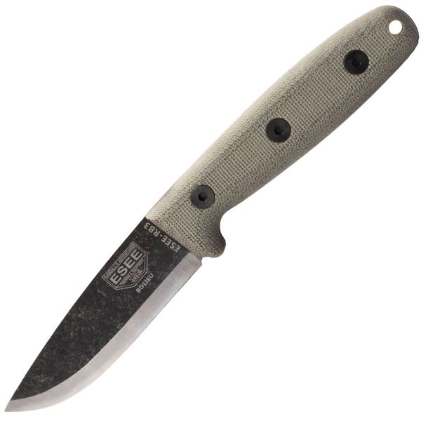 ESEE-RB3-BO Camp-Lore bushcraft nôž 8,9 cm, Stonewash Black oxid, hnedá Tan, Micarta, kožené puzdro