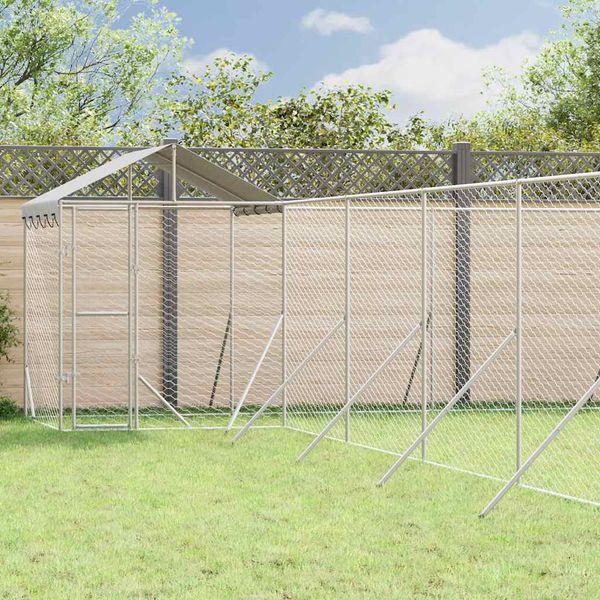 vidaXL Vonkajší koterec pre psov so strechou striebor. 12x12x2,5m oceľ