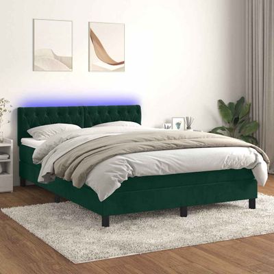 vidaXL Posteľný rám boxsping matrac a LED tmavozelený 140x190 cm zamat