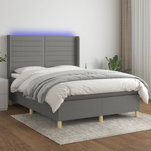 vidaXL Posteľ boxsping s matracom a LED tmavosivá 140x200 cm látka