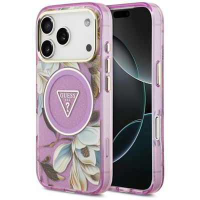 Puzdro Guess Magsafe IML Case Glitter Flowers And Triangle s kovovým rámom fotoaparátu a tlačidlami pre iPhone 17 Pro Max fialové