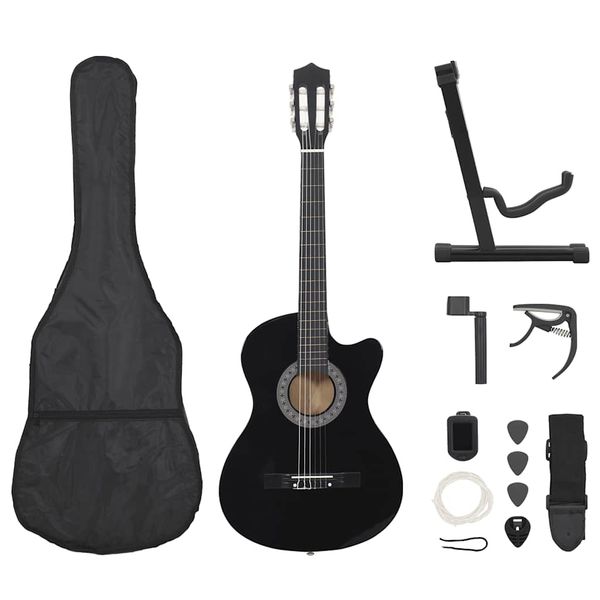 vidaXL 12-dielna folková klasická gitara so 6 strunami, čierna 38"