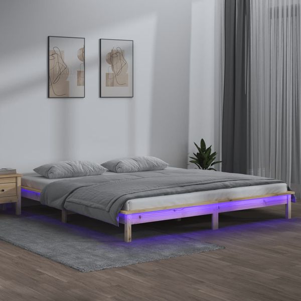 vidaXL Posteľný rám s LED 150x200 cm, King, drevený masív