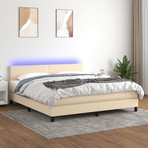 vidaXL Posteľ boxsping s matracom a LED krémová 180x200 cm látka