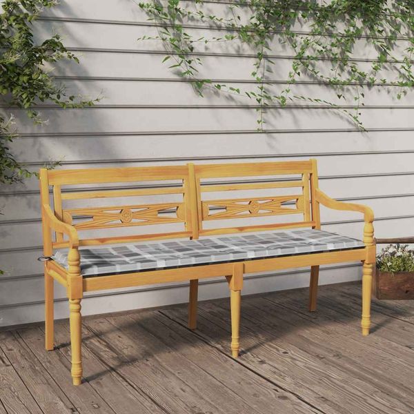 vidaXL Lavička Batavia a sivý károvaný vankúš 150 cm tíkový masív