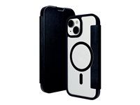 Puzdro s klopou pre mobilný telefón - kompatibilita s MagSafe - vegánska koža, plast - číry/čierny - pre Apple iPhone 13, 14, 15, 16e, 17e
