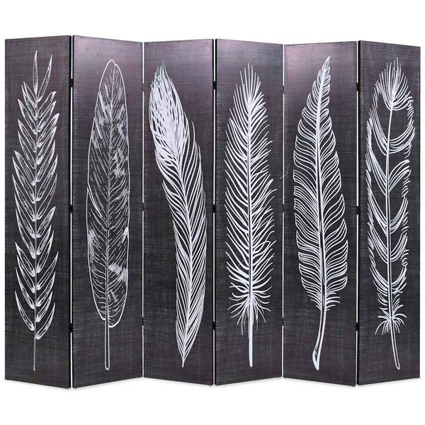 vidaXL Skladací paraván 228x170 cm, potlač s pierkami, čierno-biely