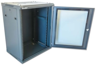 XtendLan 15U/600x450, na zeď, jednodílný, rozložený, skleněné dveře, černý Rozvadec, 19", na stenu, jednodílný, rozložený, výška 15U, 600 x 450, sklenené dvere, kourové sklo, nosnost 60kg, cerný