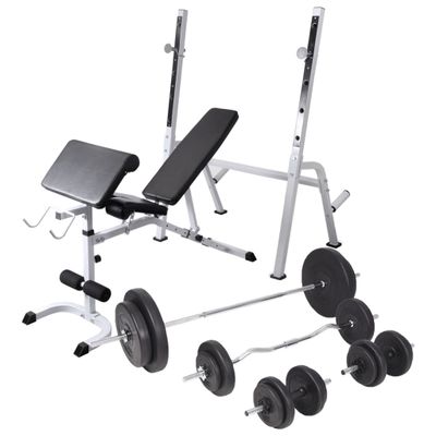 vidaXL Posilňovacia lavica so stojanom na závažie a sadou obojručných a jednoručných činiek 90 kg