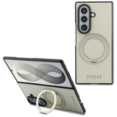 Guess HC Magnetic Ring Stand Grained PU Classic Logo puzdro pre Samsung Galaxy Z Fold 8 Ultra béžové