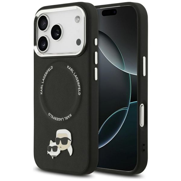 Puzdro Karl Lagerfeld Magsafe PU puzdro s logom pinov Karl&Choupette heads a kovovými tlačidlami fotoaparátu pre iPhone 17 Pro čierna