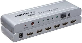 PremiumCord 4Kx2K@60Hz HDMI prepínač 5:1 kovový s diaľkovým ovládačom a napájacom adaptérom