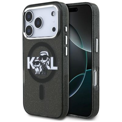Karl Lagerfeld case Magsafe IML glitter case metal camera frame and buttons Karl and Choupette sketch logo for iPhone 17 Pro black
