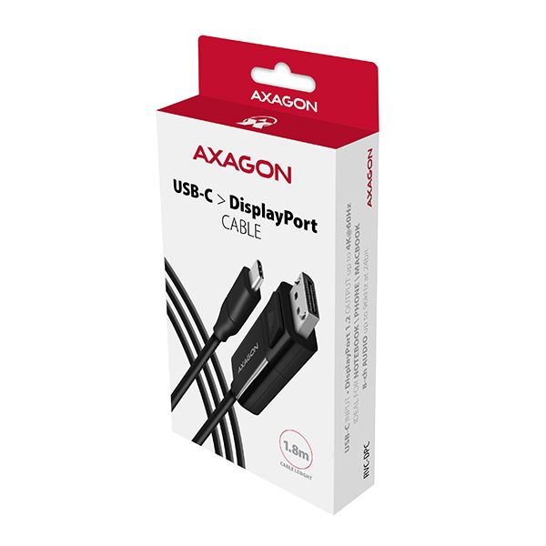 AXAGON RVC-DPC, USB-C -> DisplayPort redukcia / kábel 1.8m, 4K/60Hz Kábel, USB typ C na DisplayPort 1.2, 4K, 60Hz, 1,8m, čierna