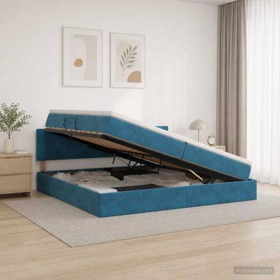 vidaXL Úložná posteľ s čelnou doskou Tmavomodrá 200 x 200 cm Zamat