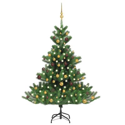 vidaXL Umelý vianočný stromček jedľa Nordmann LED a gule zelený 150 cm