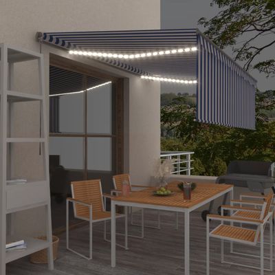 vidaXL Ručne zaťahovacia markíza s tienidlom a LED 4x3 m modro-biela