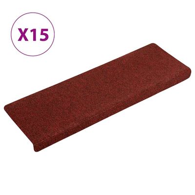 vidaXL Schodové rohože, samolepiace, 15 ks, 65x21x4 cm, bordovo červené, s obdĺžnikovým okrajom