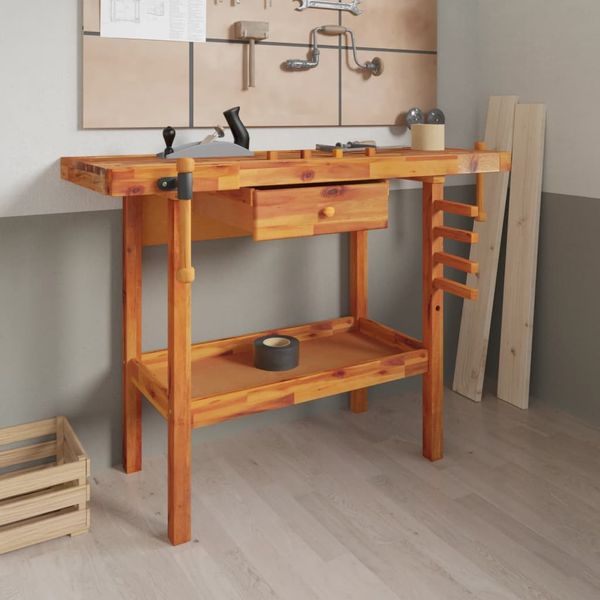 vidaXL Pracovný stôl so zásuvkou a zverákom 124x52x83 cm masívne drevo akácia
