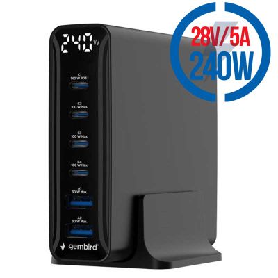 GEMBIRD 6-port 240 W GaN USB, Rýchlonabíjačka 240W