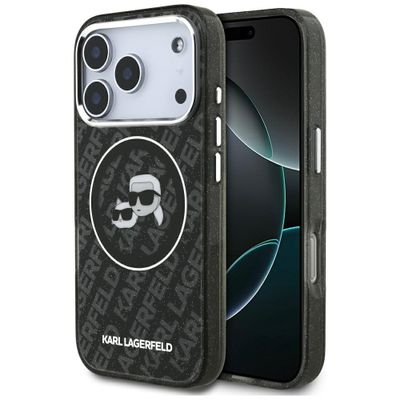 Puzdro Karl Lagerfeld Magsafe IML glitter case s kovovým rámom fotoaparátu a tlačidlami, hlavy Karla a Choupette na opakovanom logu KL pre iPhone 17 Pro čierne