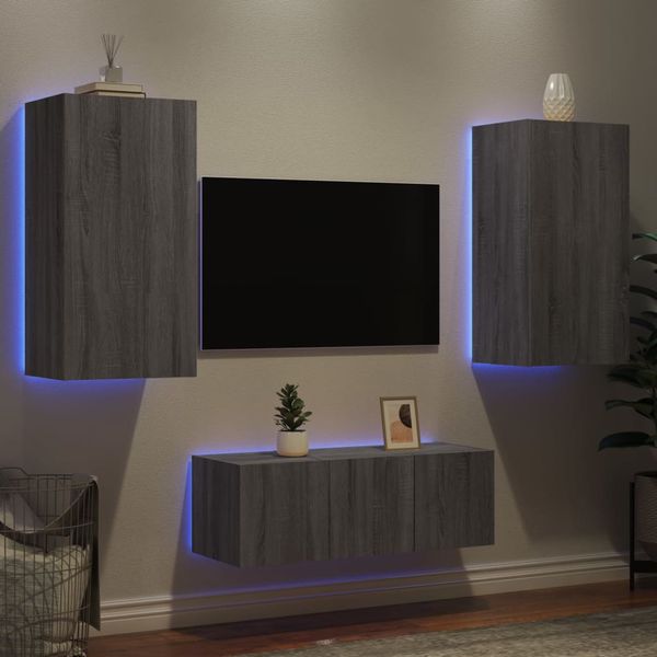 vidaXL 4-dielne TV nástenné skrinky s LED sivé sonoma kompozitné drevo