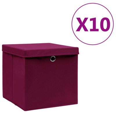 vidaXL Úložné boxy s vekom 10 ks, 28x28x28 cm, tmavočervené