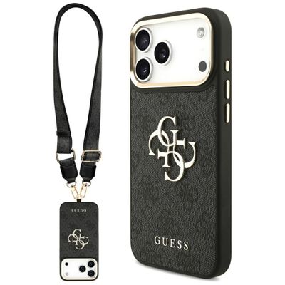 Guess Case 4G PU Leather Case Big 4G And Classic Logo With Big 4G PU Nylon Strap And Metal Camera And Buttons For iPhone 17 Pro Max Black