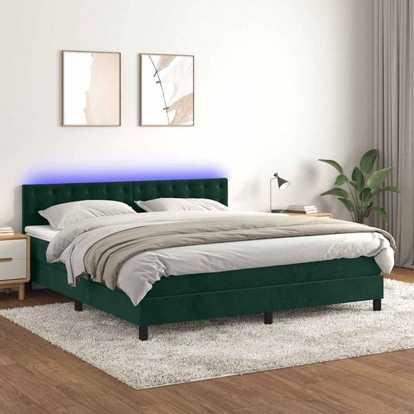 vidaXL Posteľný rám boxsping matrac a LED tmavozelený 160x200 cm zamat