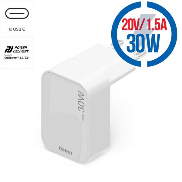 HAMA GaN, Rýchlonabíjačka, 1x USB-C PD/QC, 30W, bi