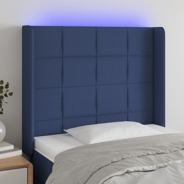 vidaXL Čelo postele s LED modré 93x16x118/128 cm látka