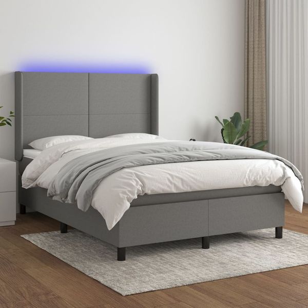 vidaXL Posteľ boxsping s matracom a LED tmavosivá 140x190 cm látka