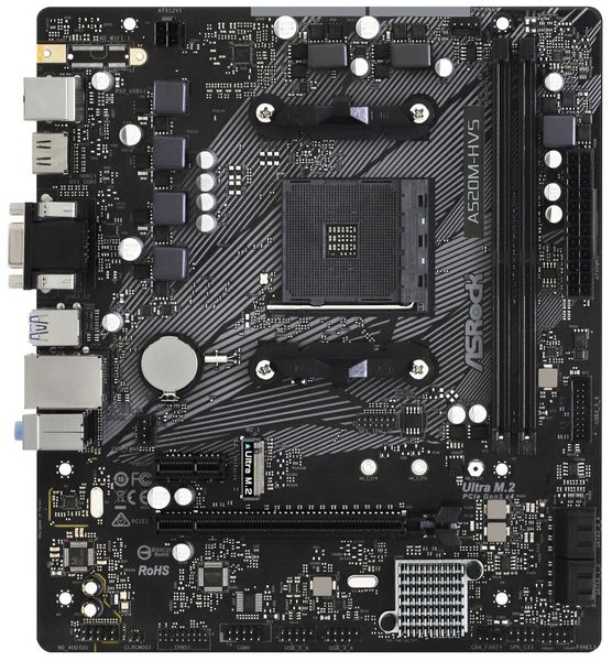 ASRock A520M-HVS / AMD A520 / AM4 / 2x DDR4 DIMM / M.2 / VGA / HDMI / mATX Základní deska, AMD A520, AM4, 2x DDR4 DIMM (max. 64GB), M.2, VGA, HDMI, mATX