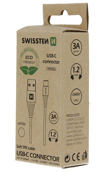 SWISSTEN DÁTOVÝ KÁBEL USB/USB-C BIELY 1,2M (ECO BALENIE) Kábel, nabíjací a synchronizačný, USB na USB-C, USB 2.0, 3A, 1,2m, EKO balenie, biely