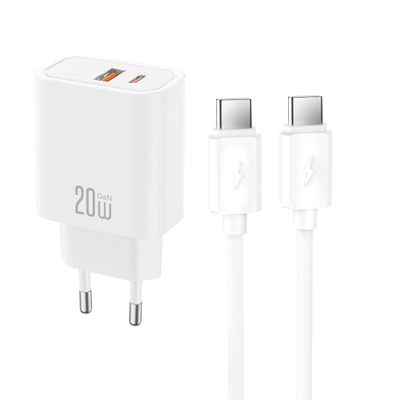 XO wall charger CE40 PD 20W 1x USB-C 1x USB white + cable USB-C - USB-C