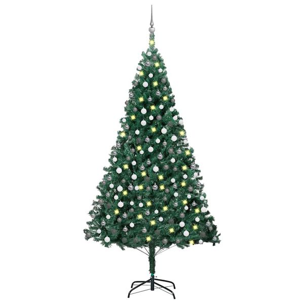 vidaXL Osvetlený umelý vianočný stromček s guľami, zelený 210 cm, PVC