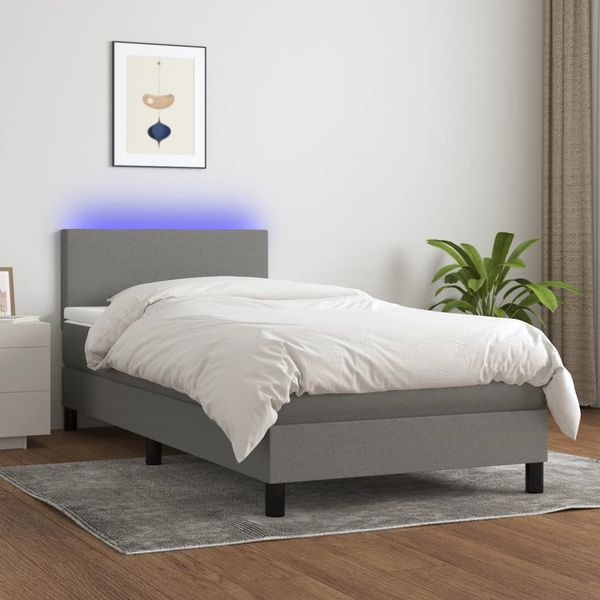 vidaXL Posteľ boxsping s matracom a LED tmavosivá 90x190 cm látka