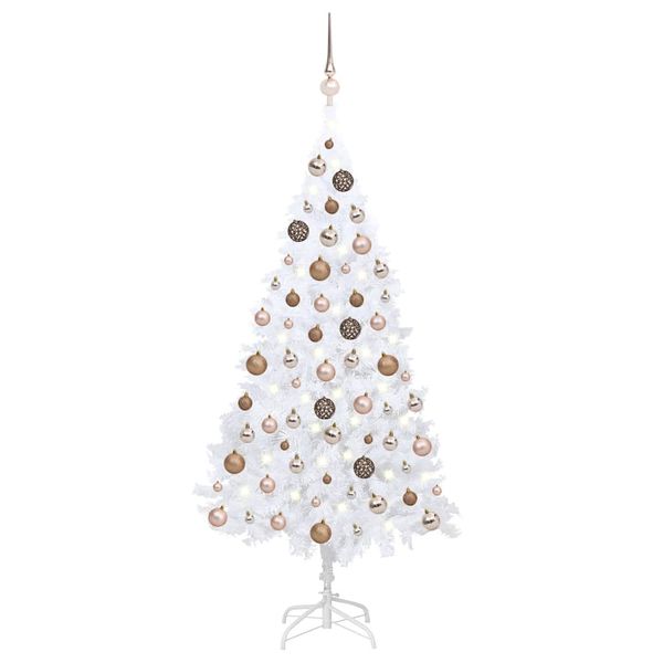 vidaXL Osvetlený umelý vianočný stromček s guľami, biely 150 cm, PVC