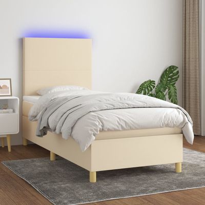 vidaXL Posteľ boxsping s matracom a LED krémová 100x200 cm látka