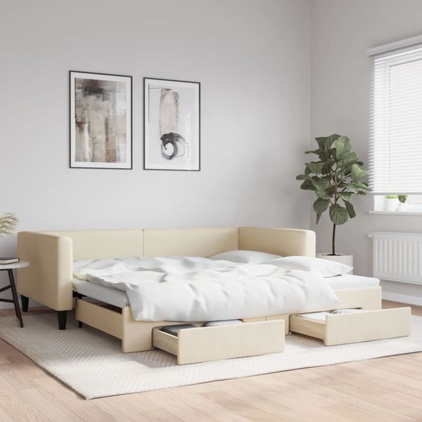vidaXL Rozkladacia denná posteľ so zásuvkami krémová 100x200 cm látka