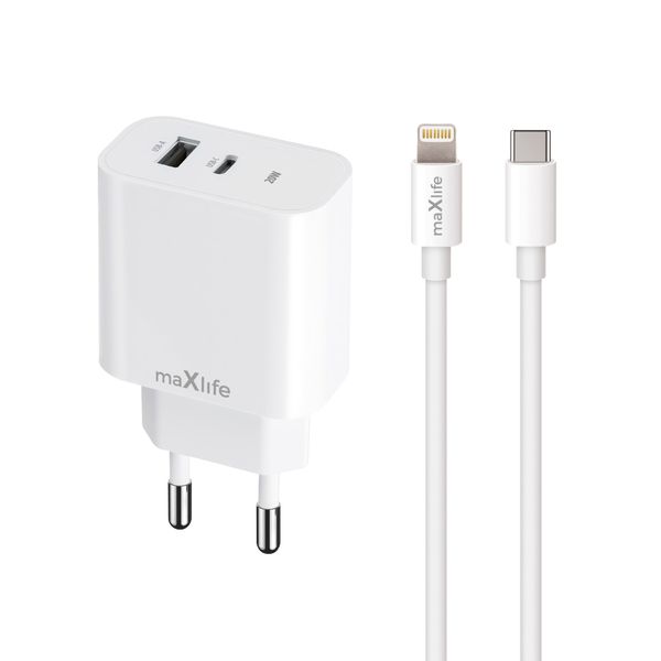 Nabíjačka Maxlife MXTC-06-20AC PD QC 1x USB-C 1x USB 20W biela + kábel USB-C - Lightning 20W