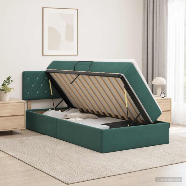 vidaXL Úložná posteľ s čelnou doskou Tmavozelená 100 x 200 cm Zamat